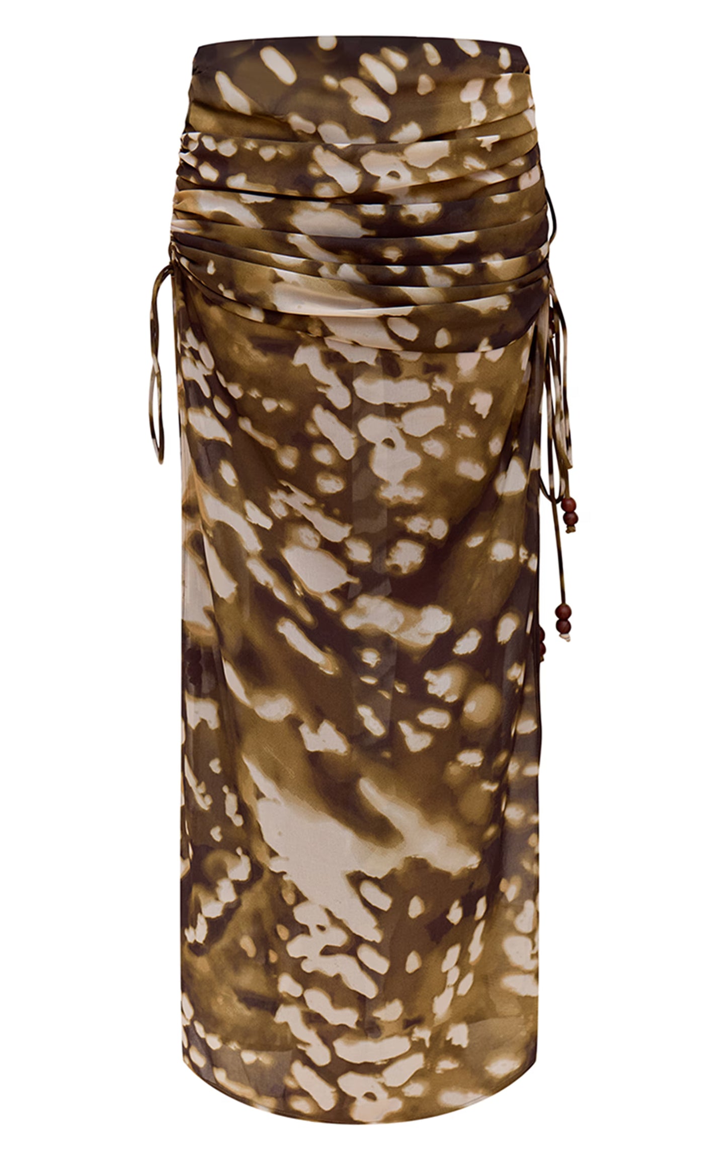 Stone Blurred Abstract Printed Chiffon Ruched Bead Detail Maxi Skirt