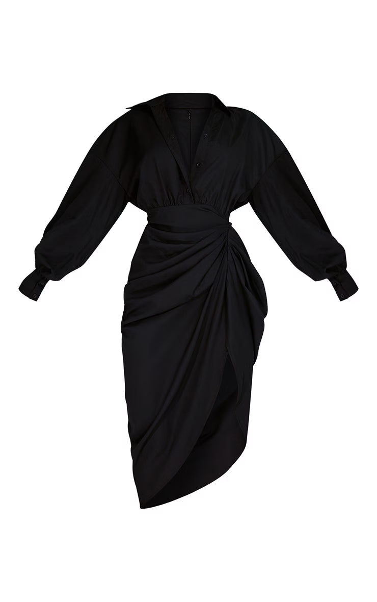 Black Balloon Sleeve Gathered Skirt Midi Shirt Dress