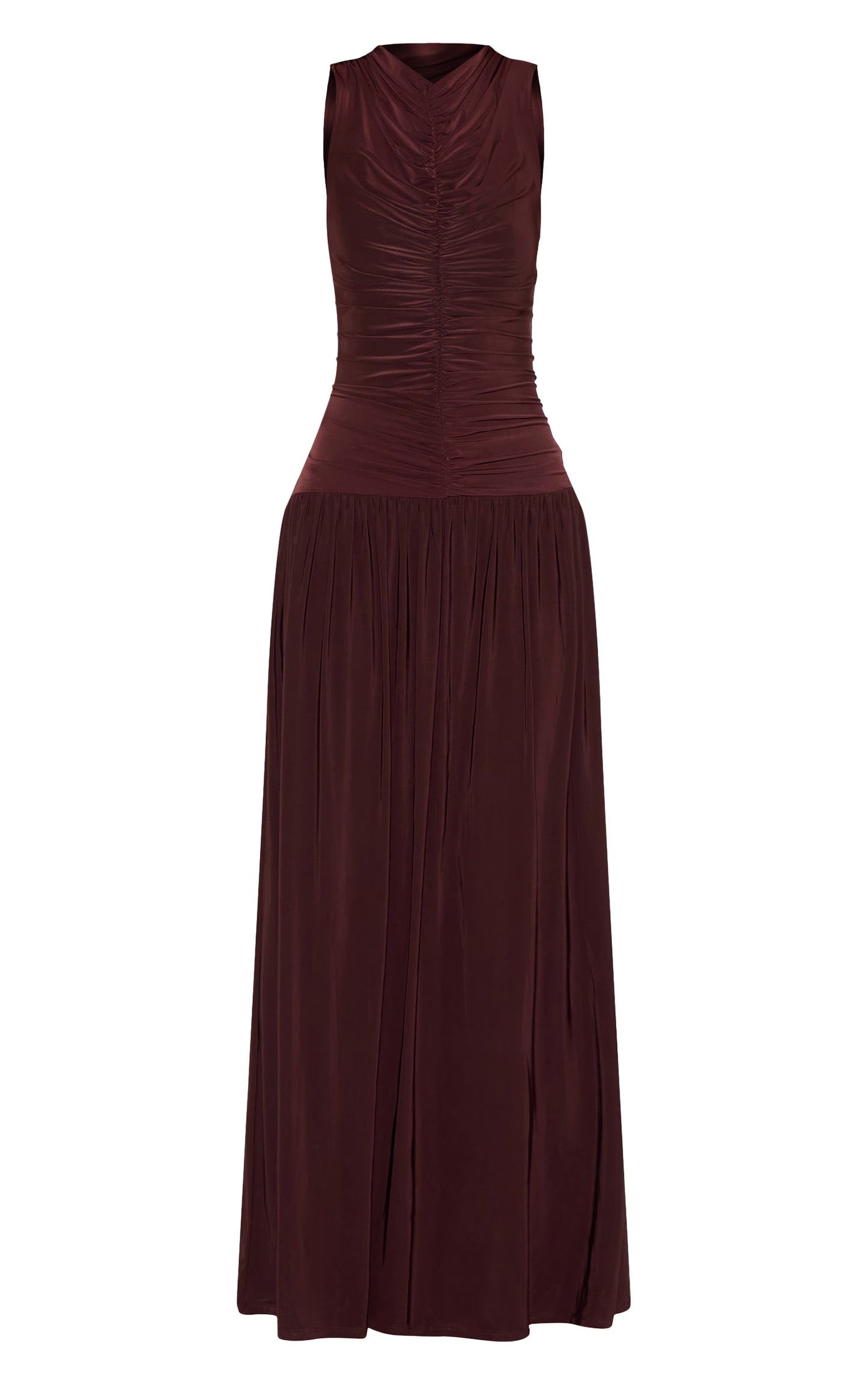Chocolate Double Layer Soft Touch Drop Waist Ruched Maxi Dress