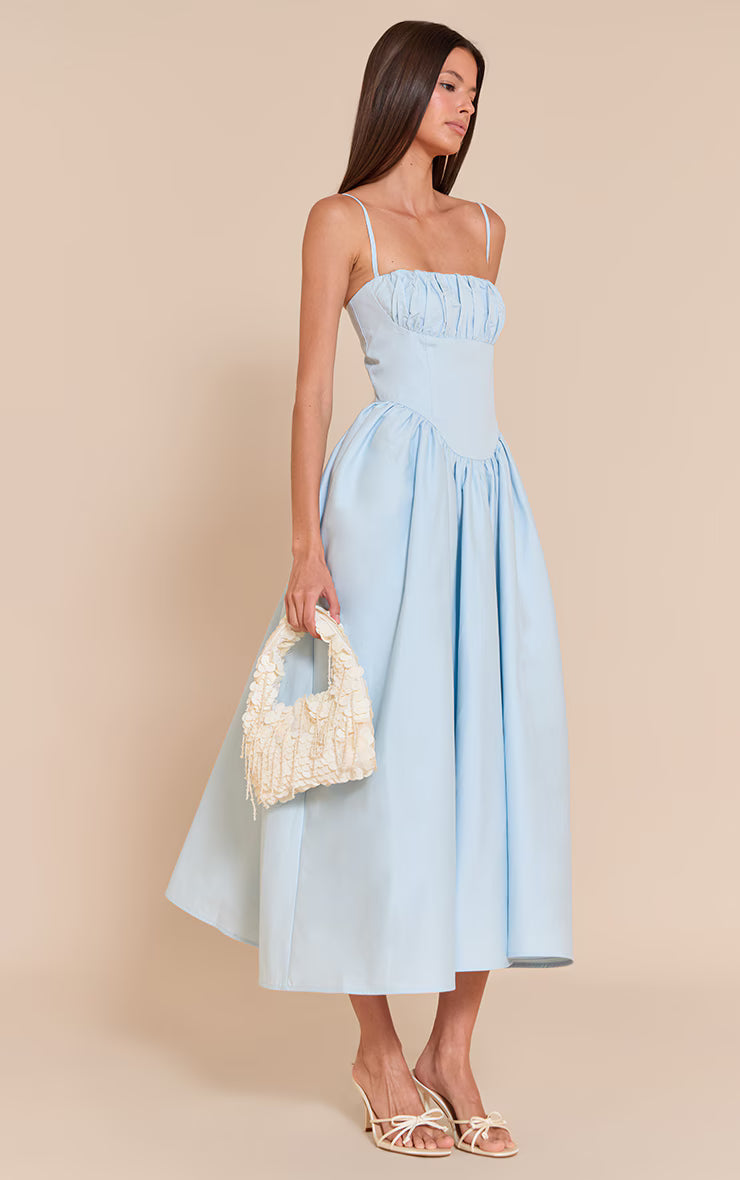 Light Blue Ruched Bust Corset Strappy Midaxi Dress