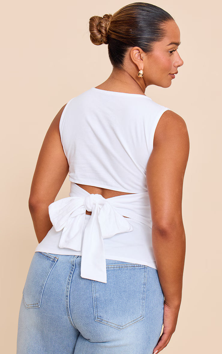 Shape White Boat Neck Tie Back Sleevless T-shirt