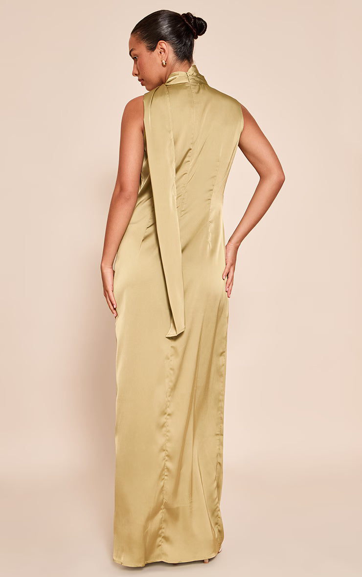 Olive Satin Scarf Detail Maxi Dress