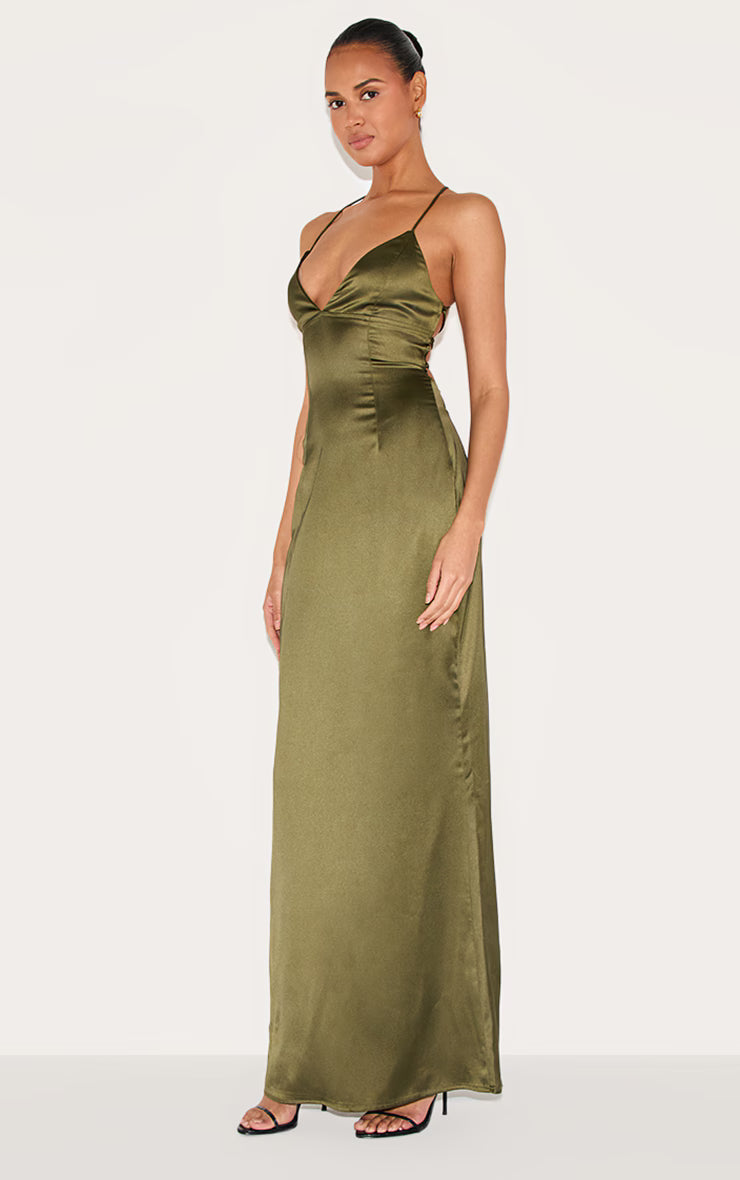 Olive Satin Tie Back Maxi Dress