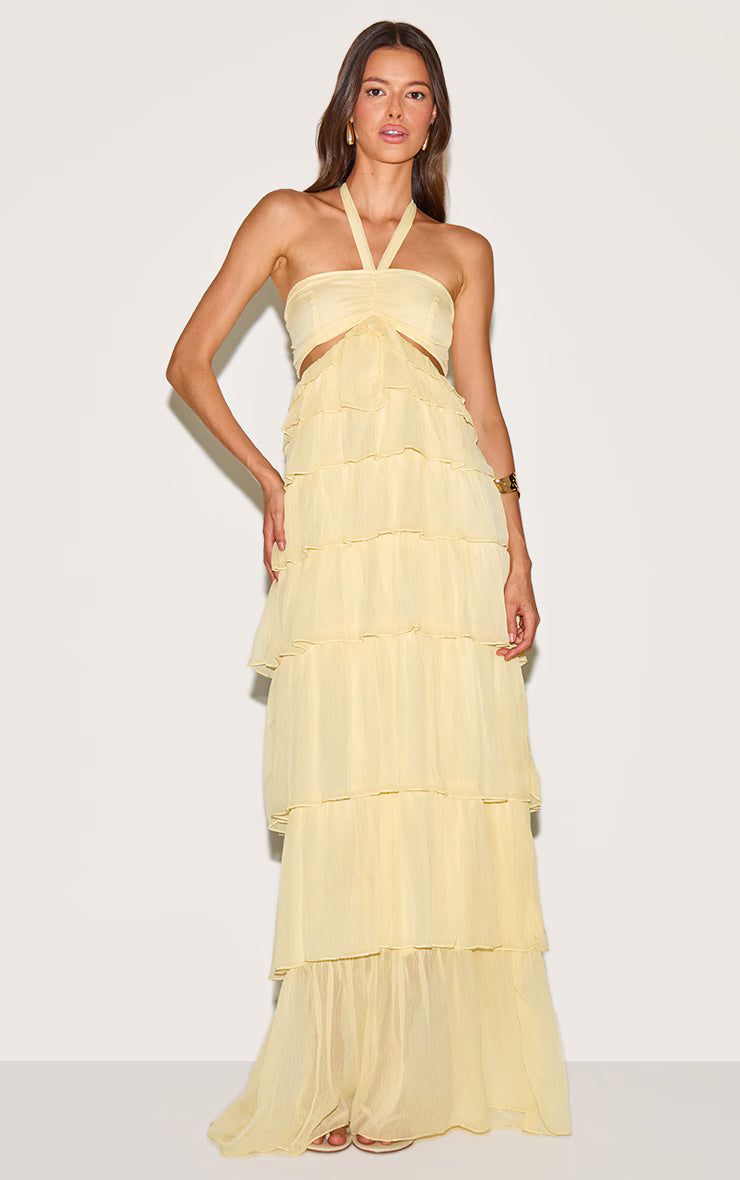Lemon Ruched Bust Frill Tiered Maxi Dress