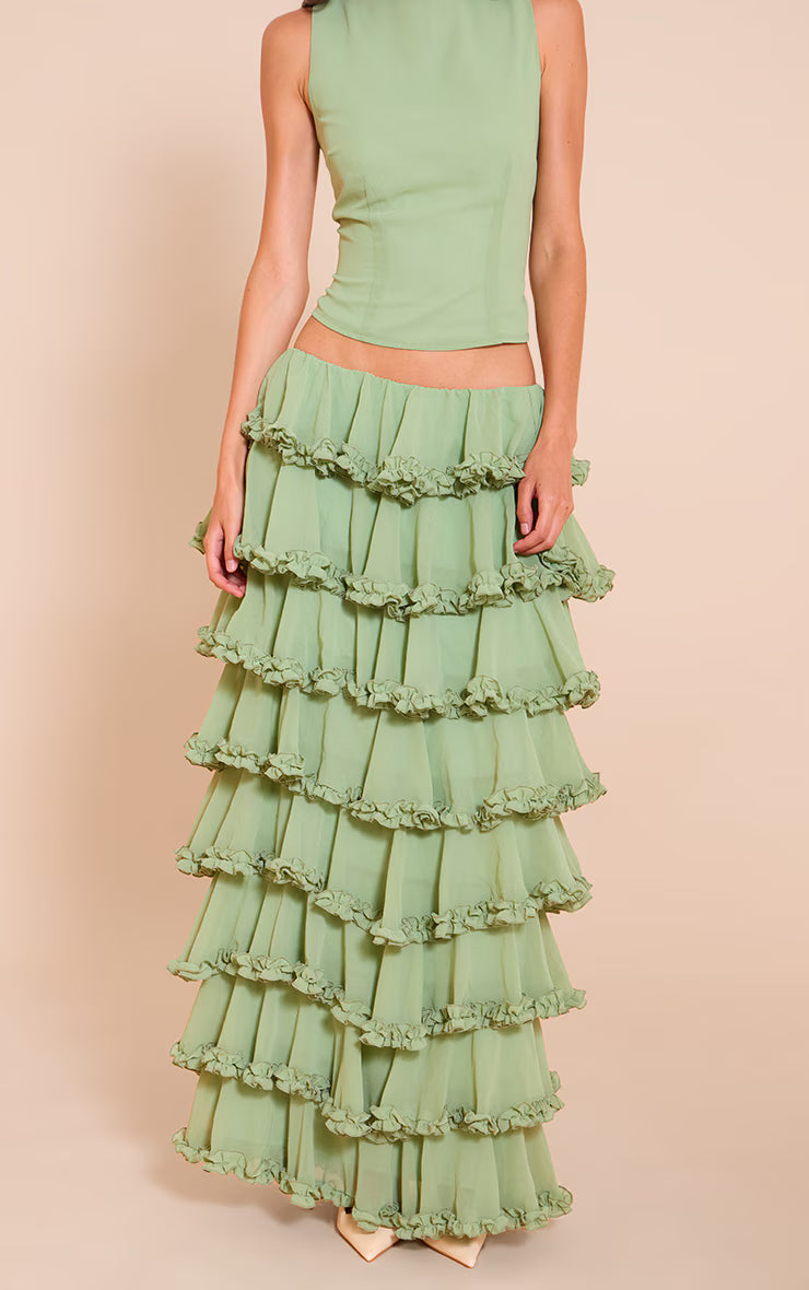 Sage Chiffon Tiered Frill Maxi Skirt