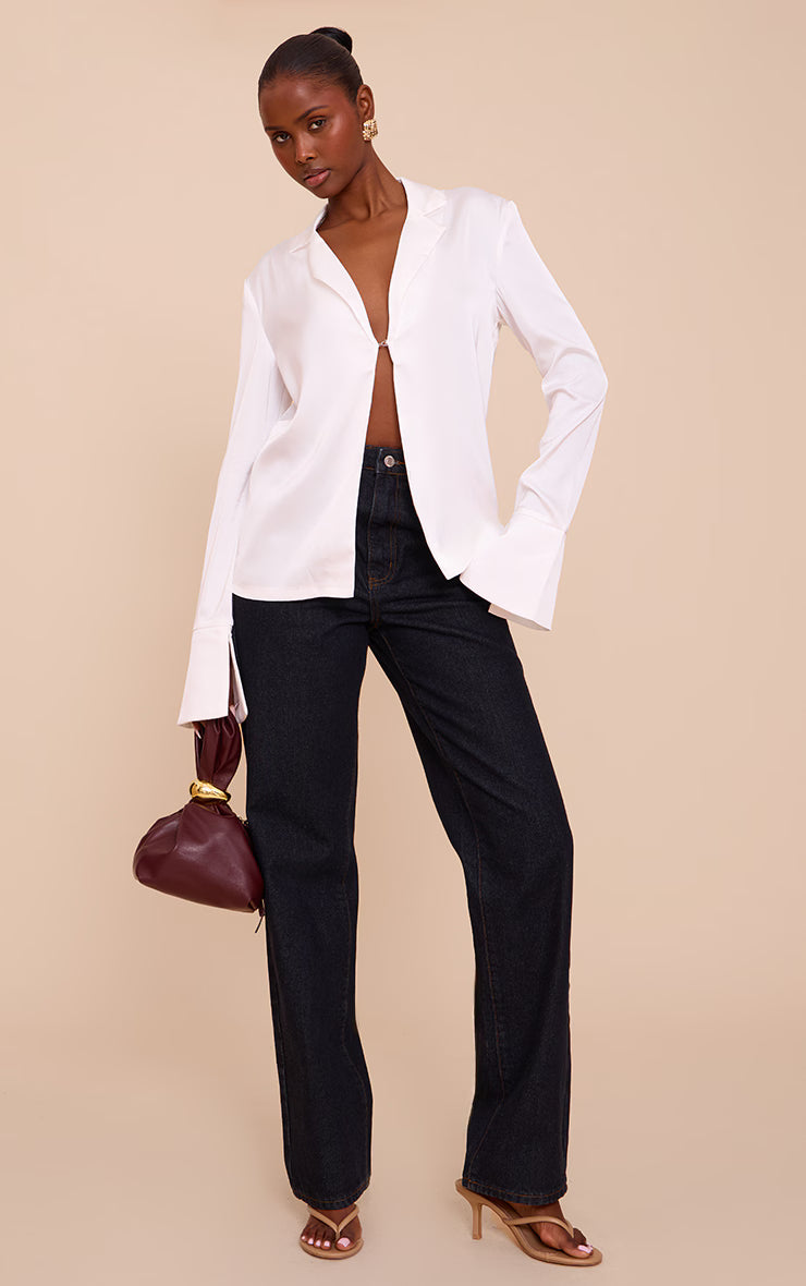 White Satin Hook And Eye Detail Oversized Shirt