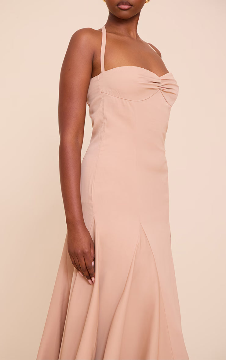 Taupe Woven Halterneck Ruched Bust Detail Maxi Dress