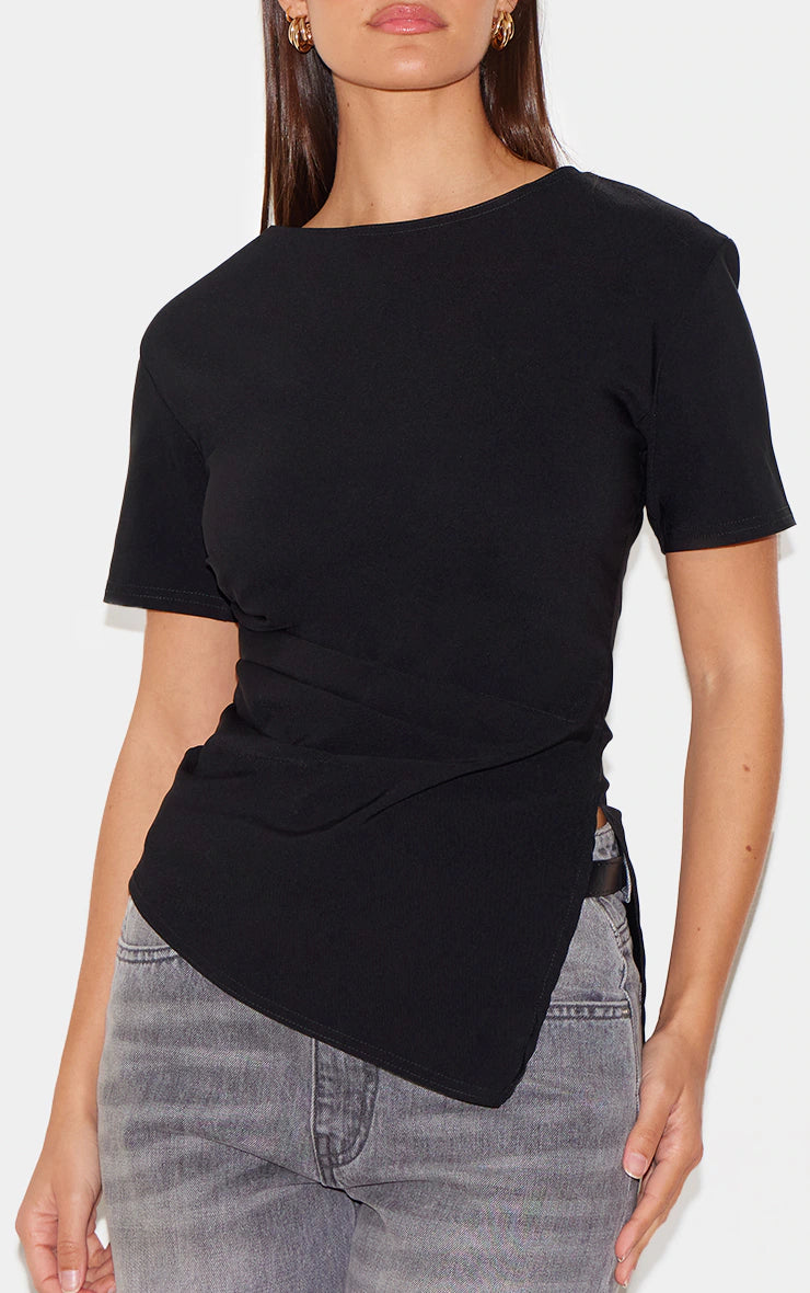 Black Bengaline Ruched Asymmetric Detail Long Top