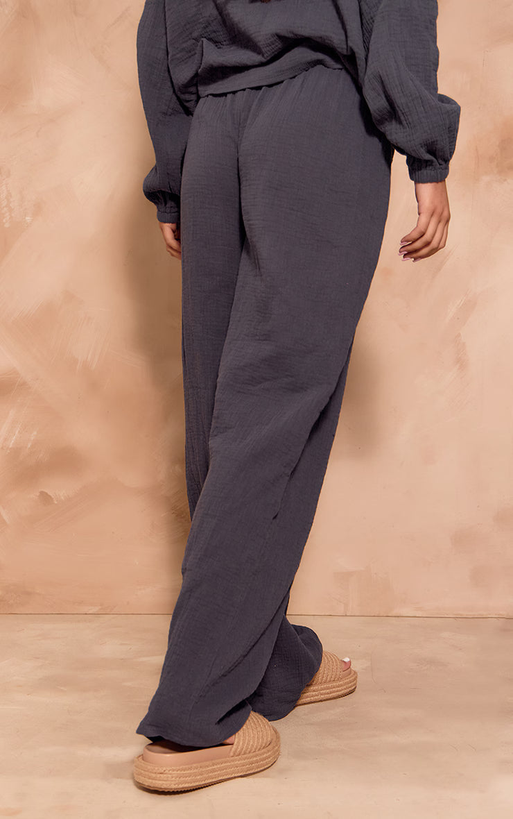 Dark Blue Textured Cheesecloth Wide Leg Pants