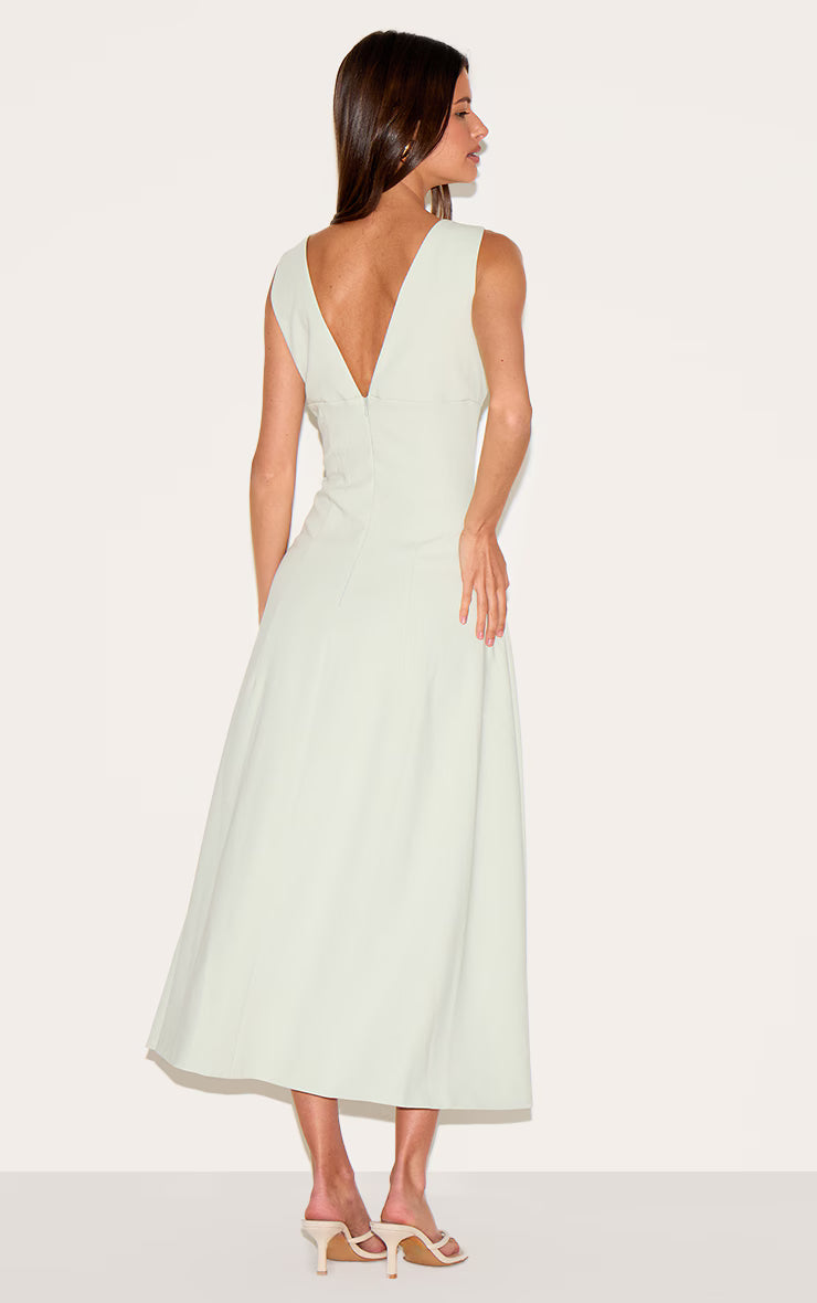 Sage Green Tailored Woven Plunge Button Down Midi Dress