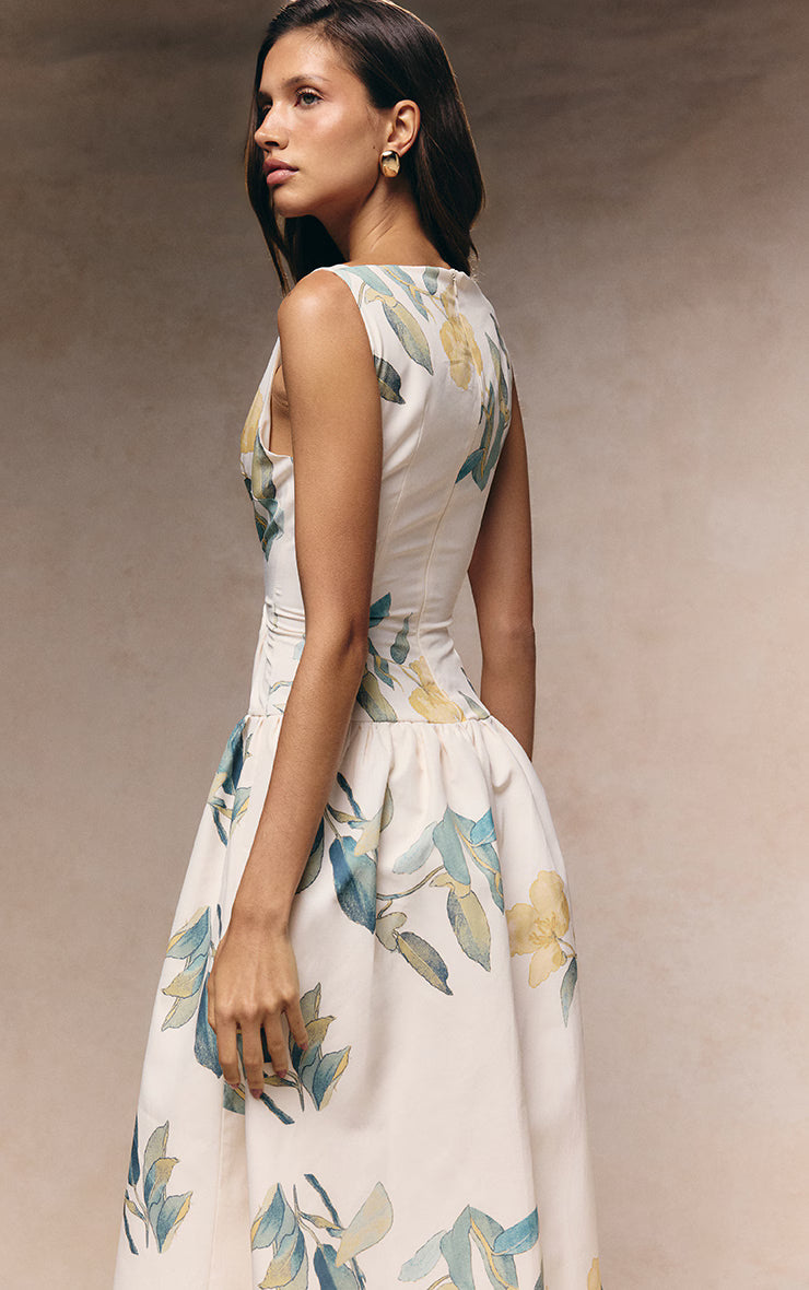 Yellow Floral Printed Dropped Waist Midaxi Dress