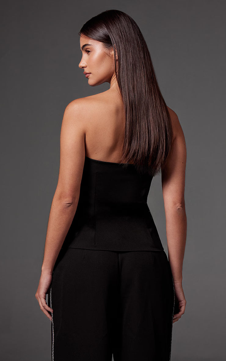 Black Woven Tailored Diamante Trim Bandeau Top