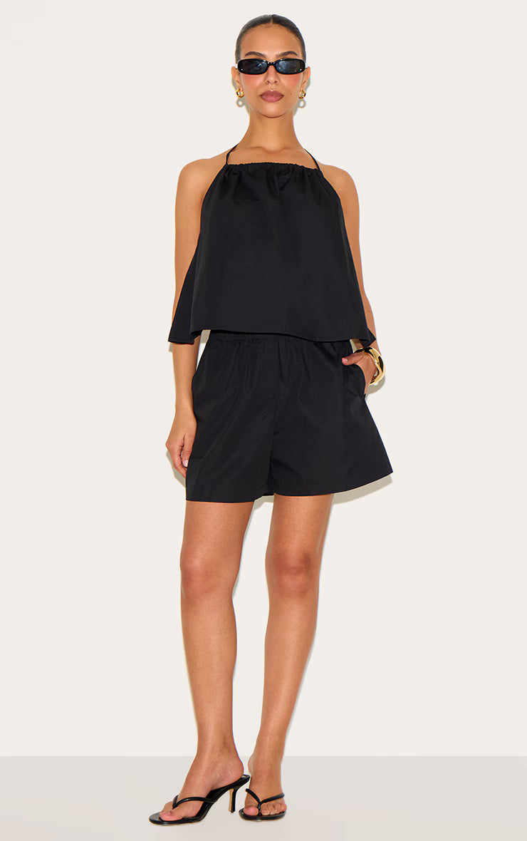 Petite Black Poplin Low Back Halterneck Top