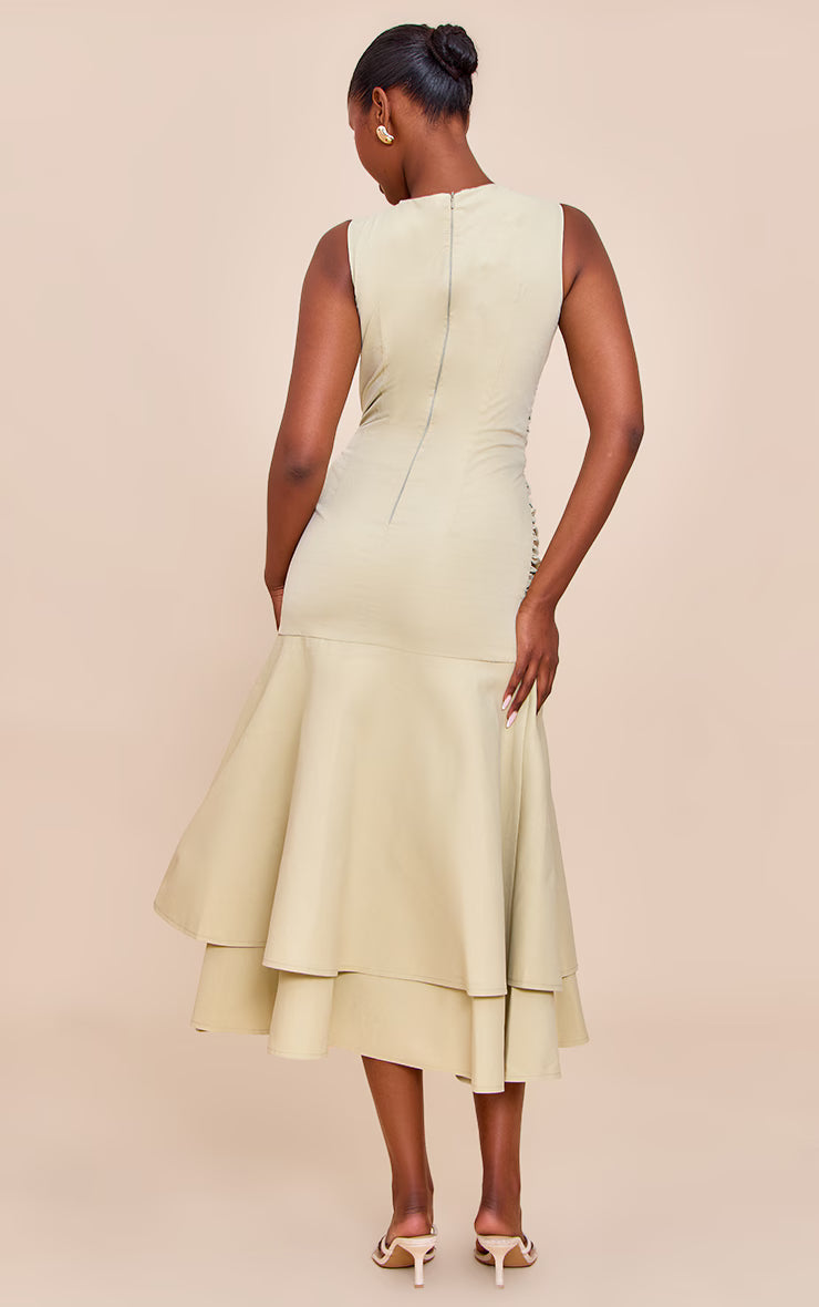 Sage Woven Ruched Dropped Waist Midaxi Dress