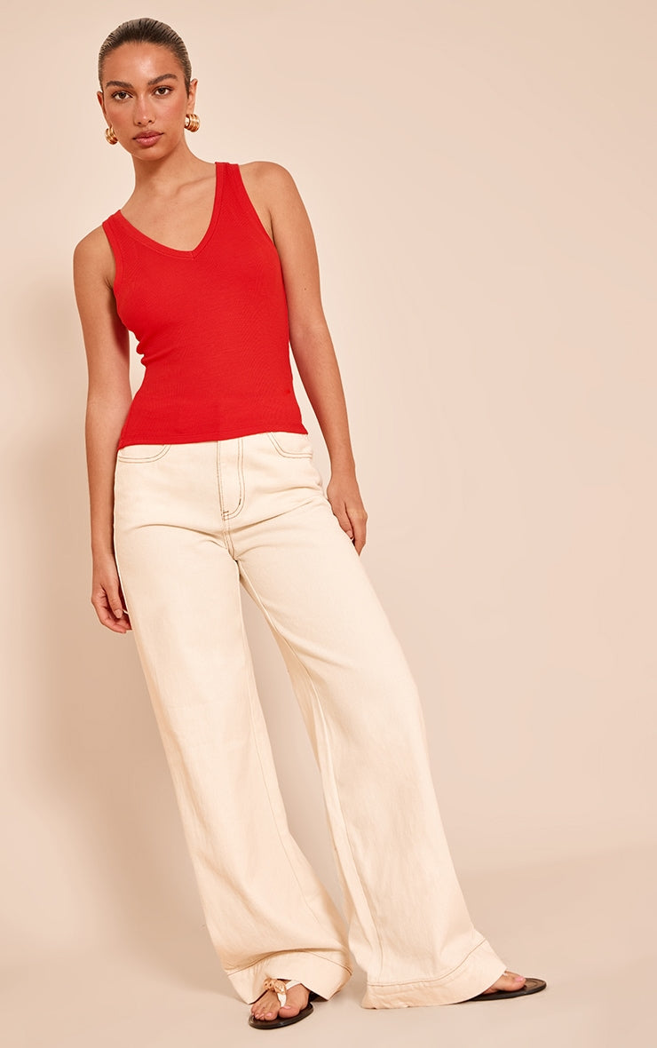 Tomato Red Soft Rib V Neck Vest Top