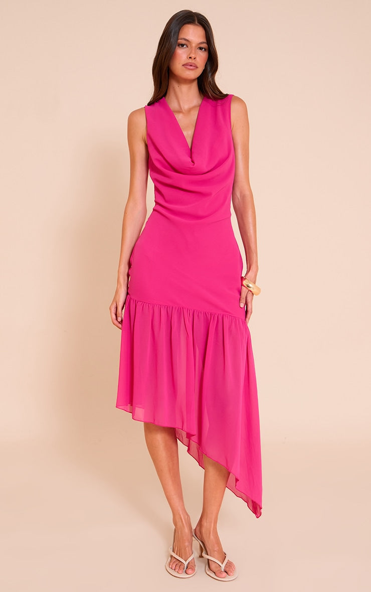 Fuschia Chiffon Drape Detail Asymmetric Midaxi Dress