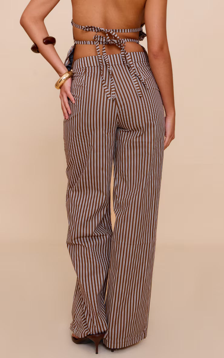 Brown Stripe Woven Mid Rise Wide Leg Pant