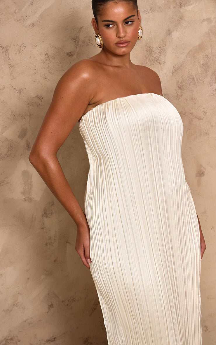 PLT Label Plus Ivory Plisse Satin Column Bandeau Maxi Dress