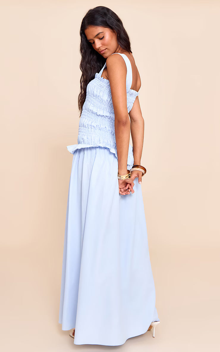 Blue Shirred Frill Detail Maxi Dress