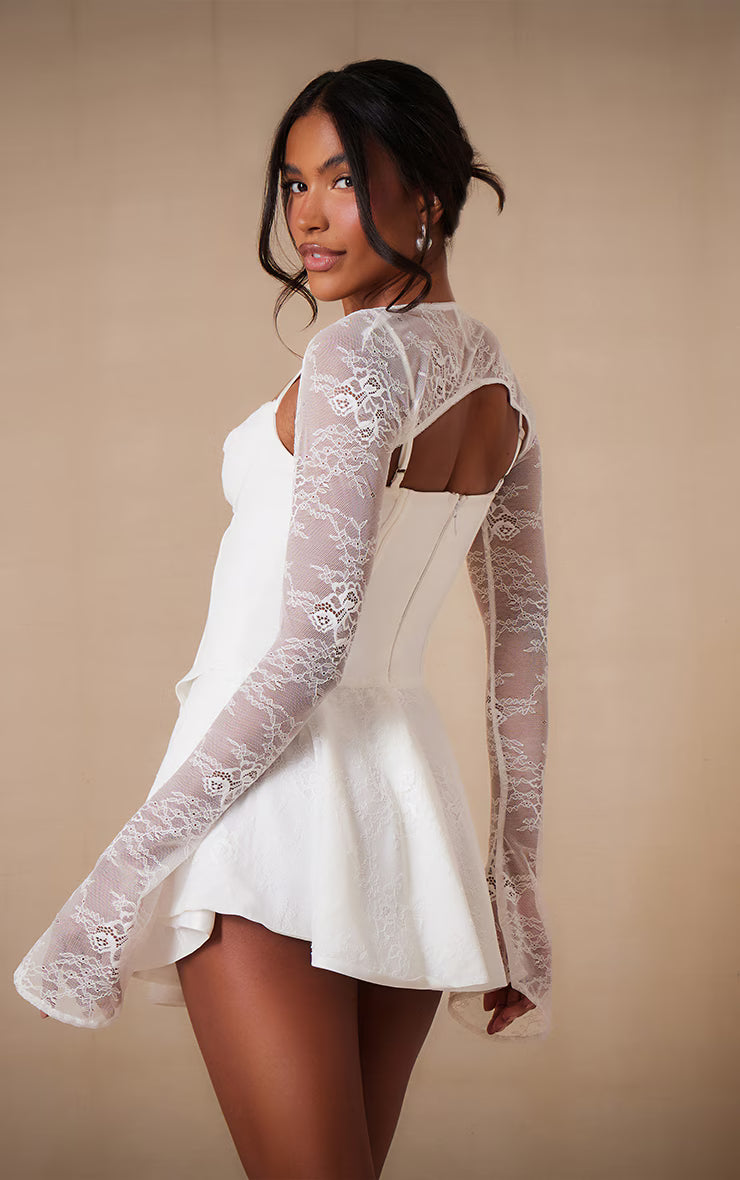 Premium White Lace Long Sleeve Cup Detail Dress