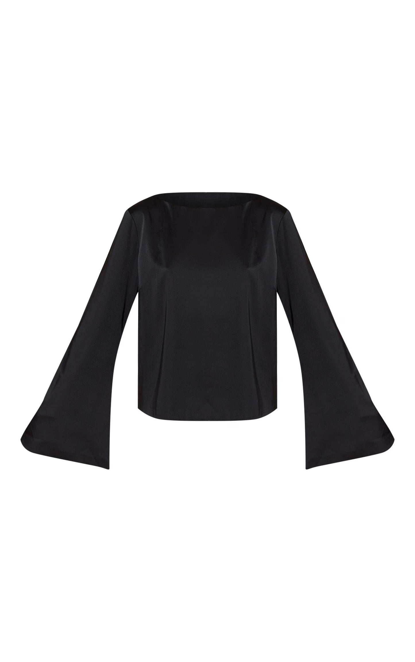 Black Satin Boat Neck Flare Sleeve Top
