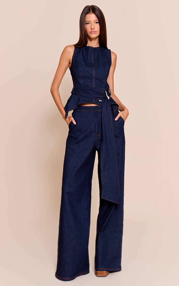 Indigo Blue Chambray Denim Belted Trim Detail Peplum Top