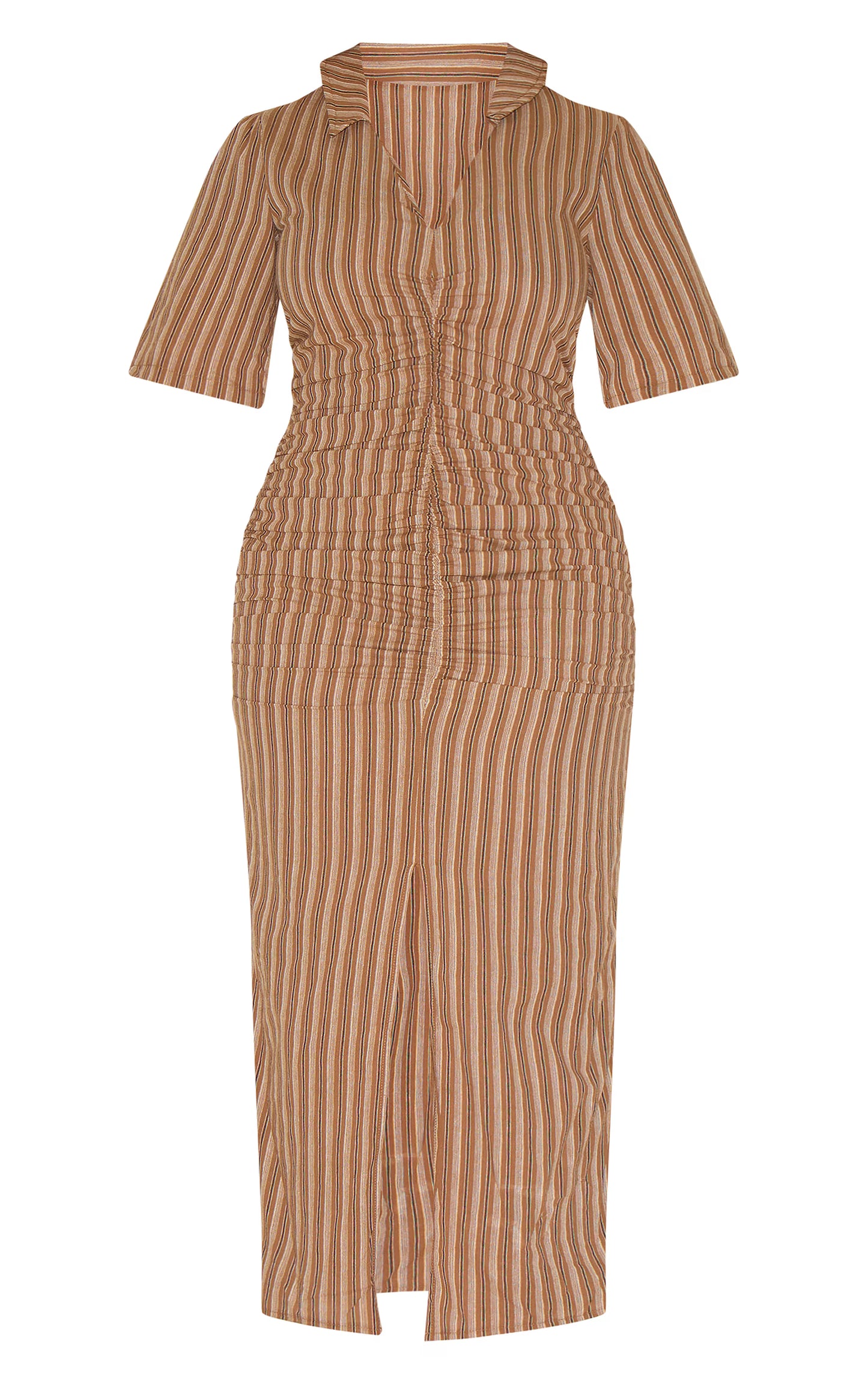 Shape Brown Striped Ruched Front Collared Split Front Maxi Dress