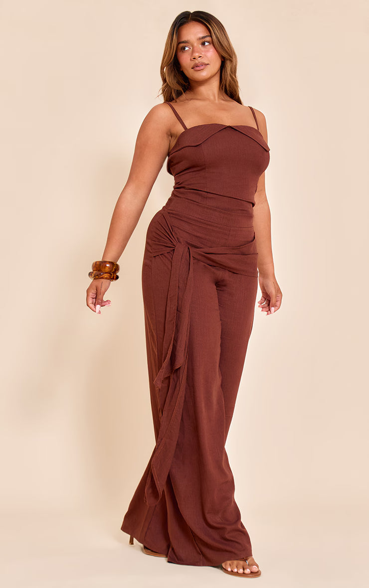 Shape Chocolate Linen Look Fold Over Detail Top