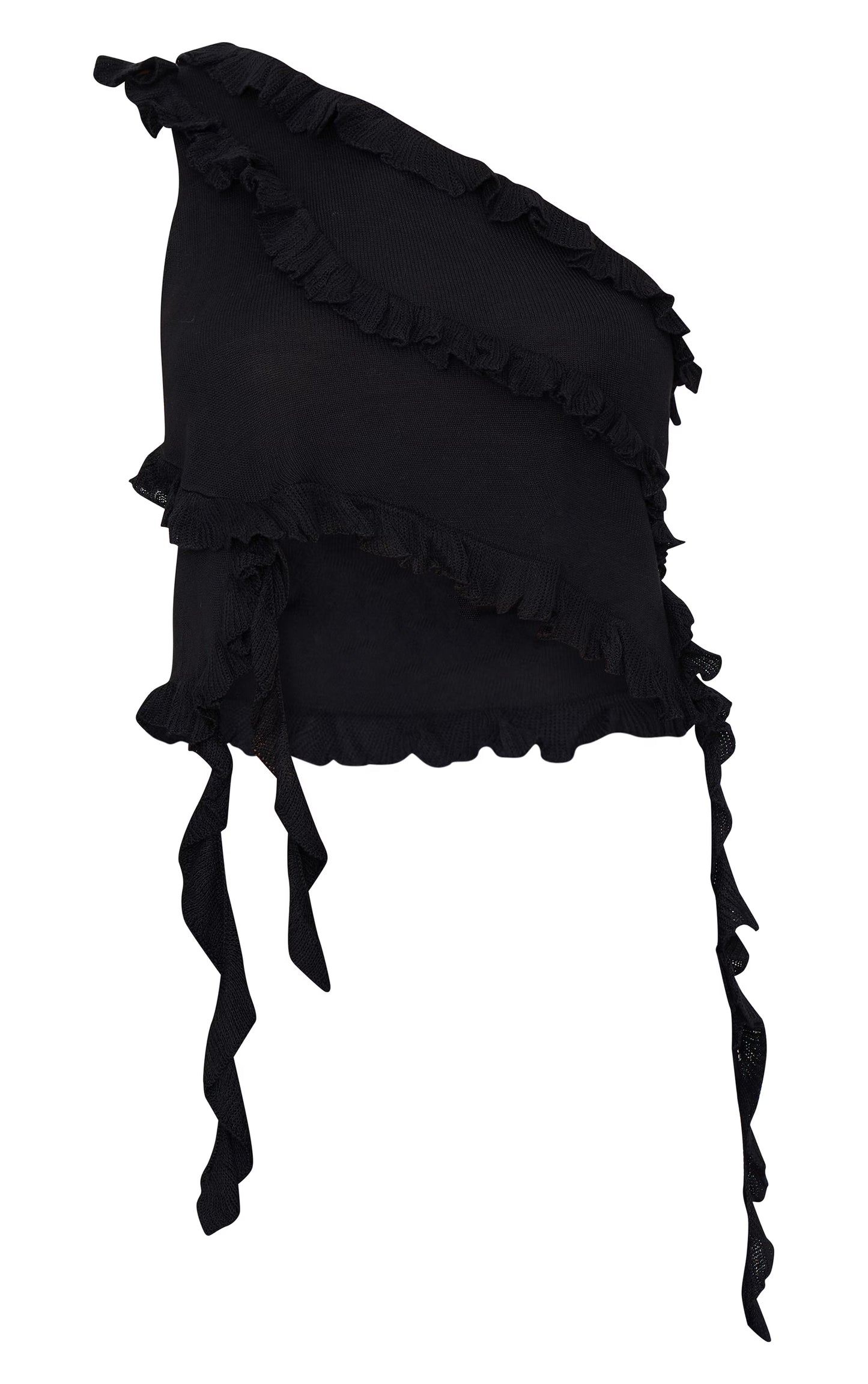 Black Rib Knit Frill Detail Asymmetric Top
