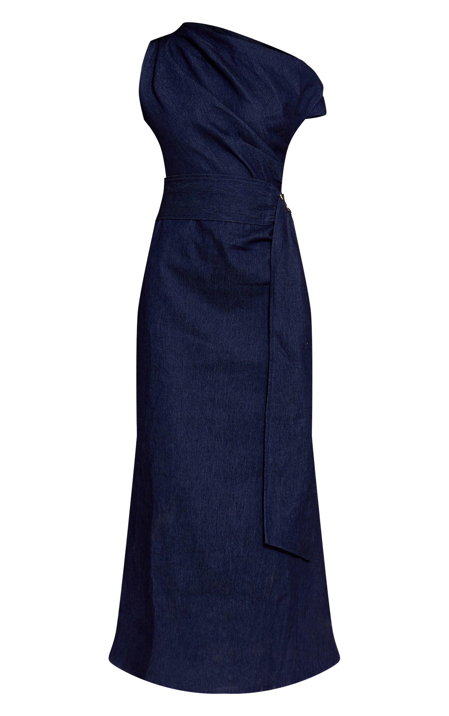 Indigo Blue Chambray Denim Ruched Belted Midaxi Dress