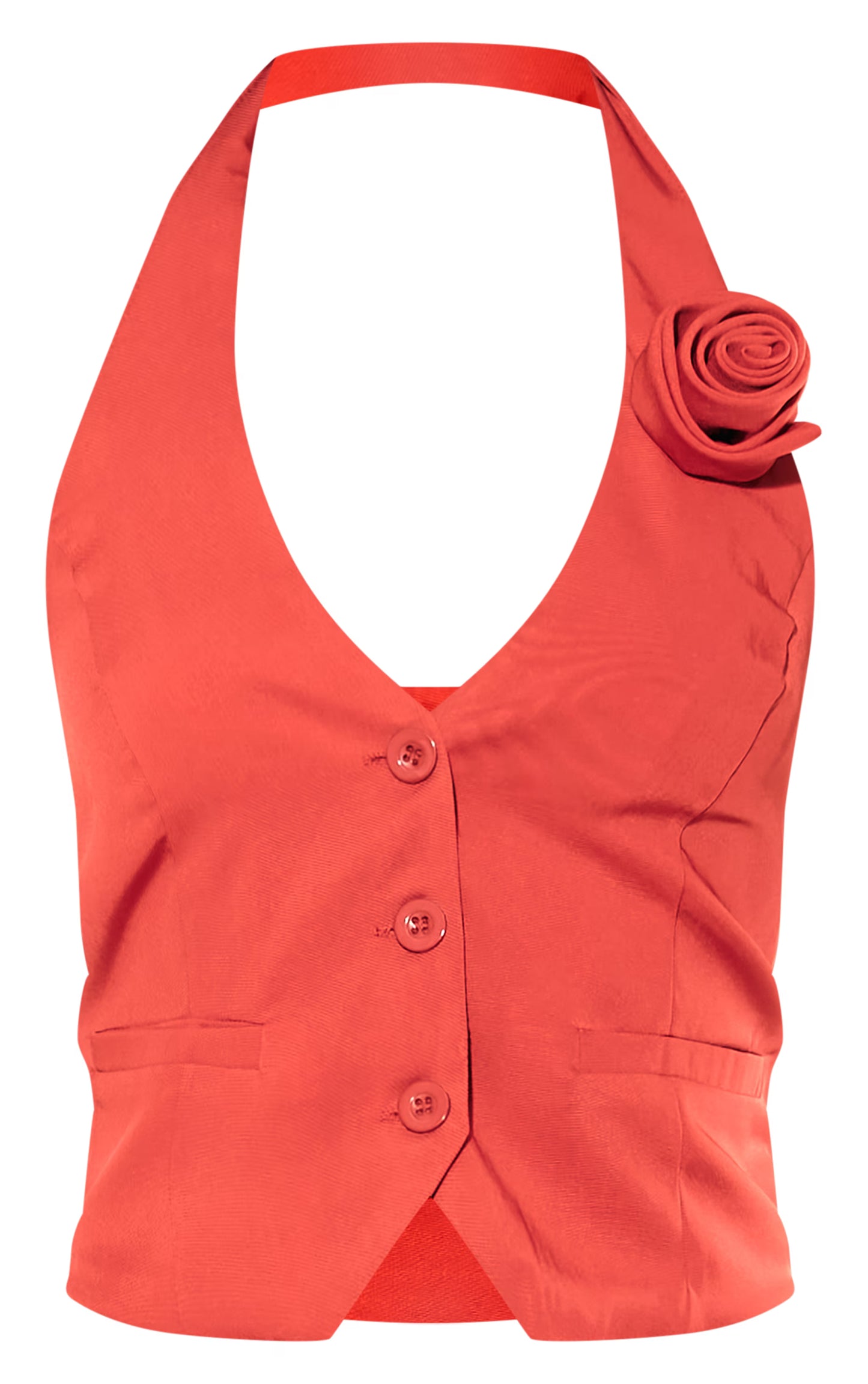 Red Tailored Rosette Detail Halterneck Vest