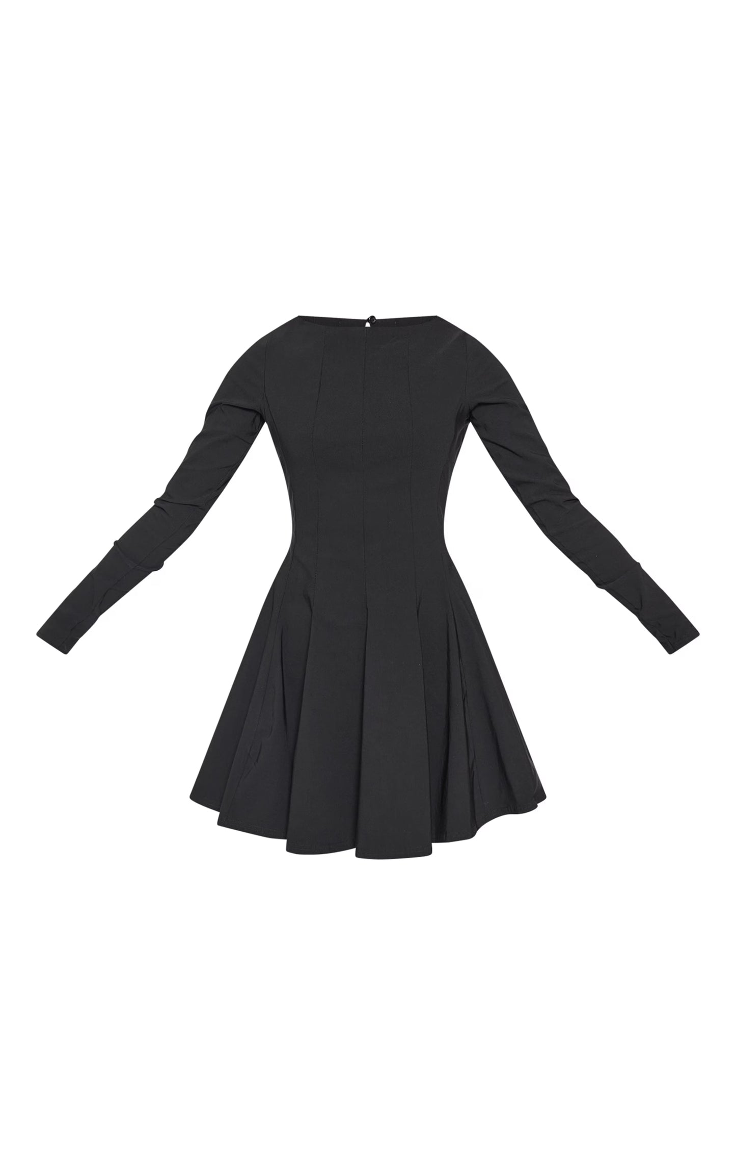 Black Stretch Woven Boat Neck Long Sleeve Pleated Shift Dress