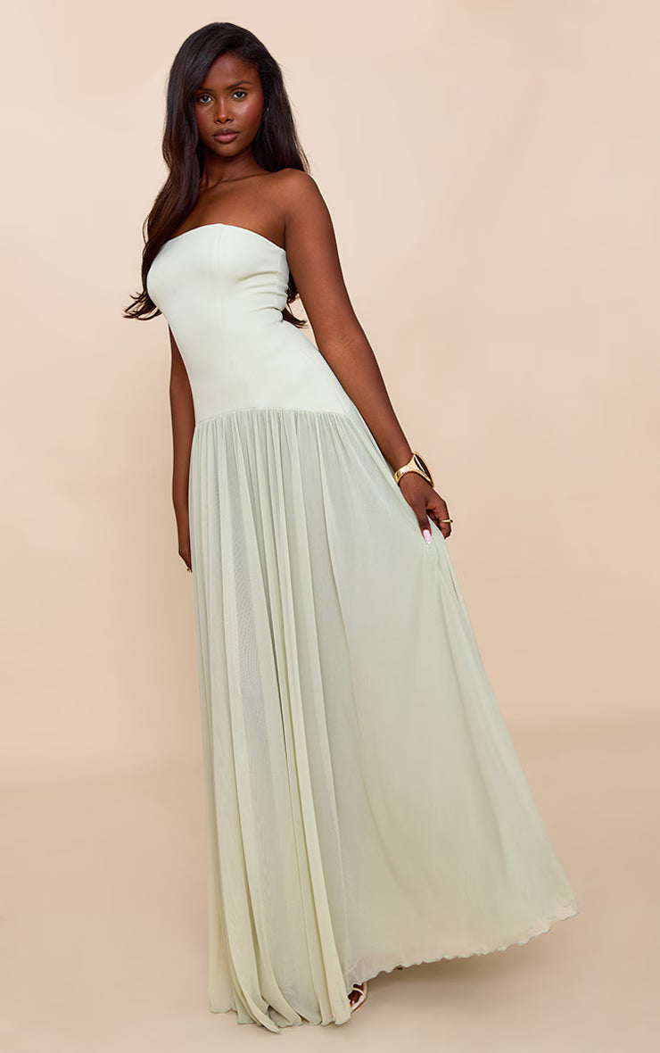 Sage Bandeau Chiffon Pleated Maxi Dress