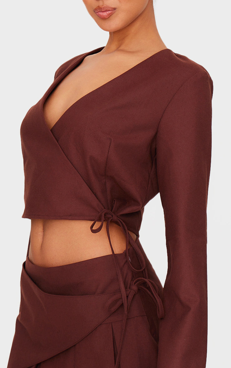 Chocolate Brushed Woven Tailored Wrap Tie Top
