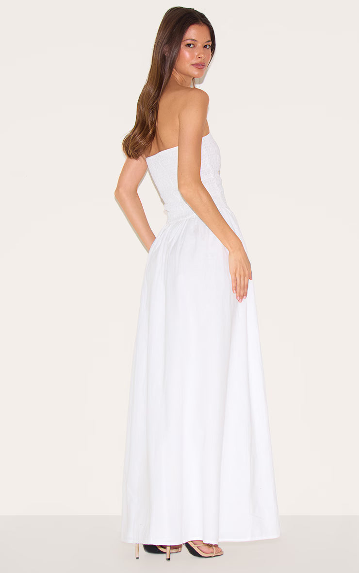 White Bandeau Shirred Detail Maxi Dress