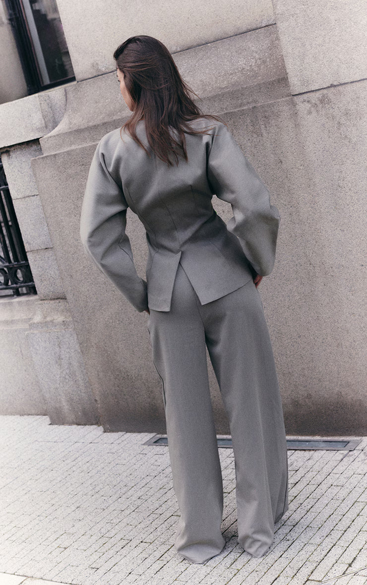 Grey Premium Woven Tailored Wide Leg Pleated Pants
