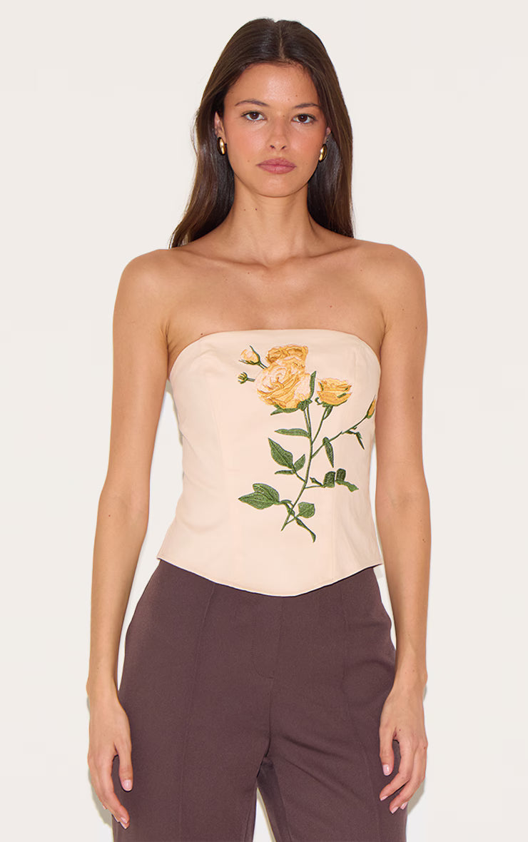 Beige Woven Embroidered Floral Corset