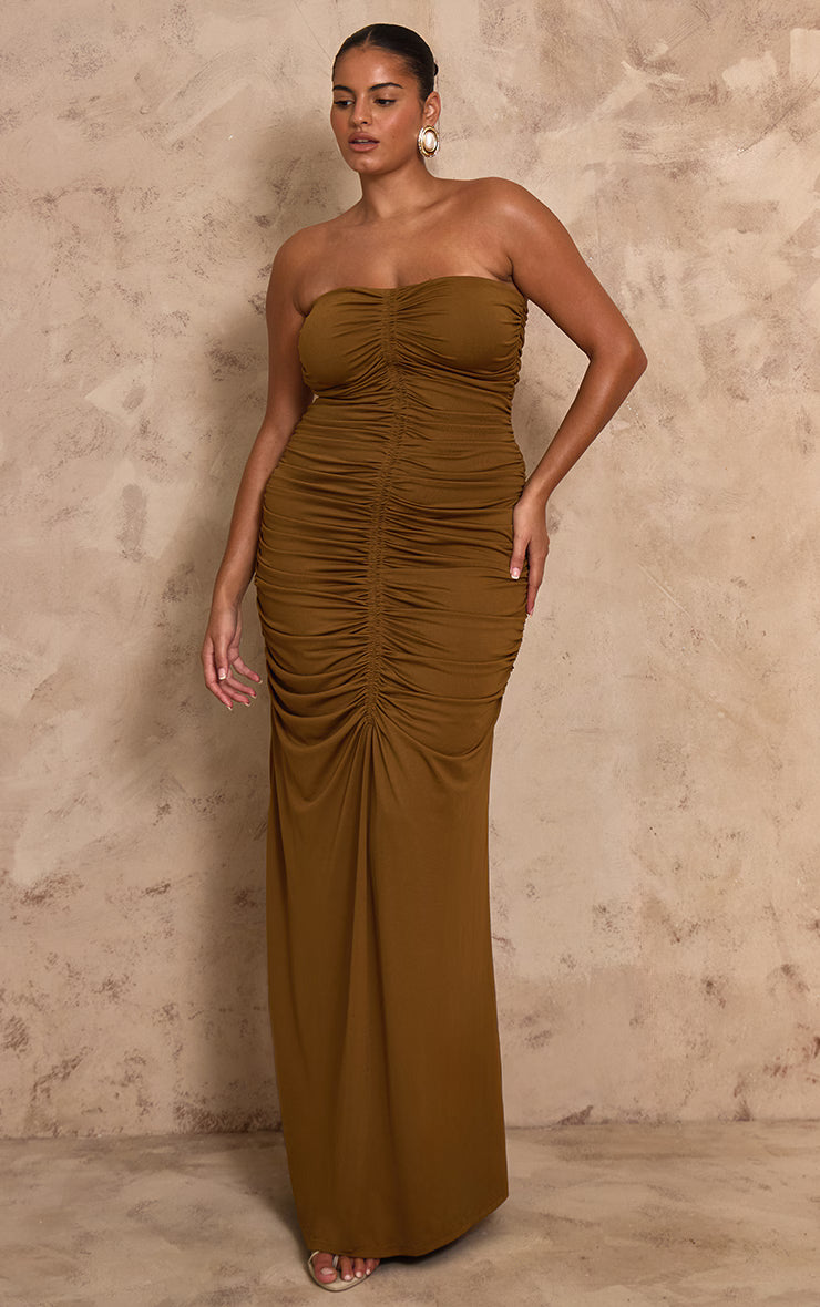 PLT Label Plus Golden Olive Slinky Ruched Bandeau Fishtail Maxi Dress