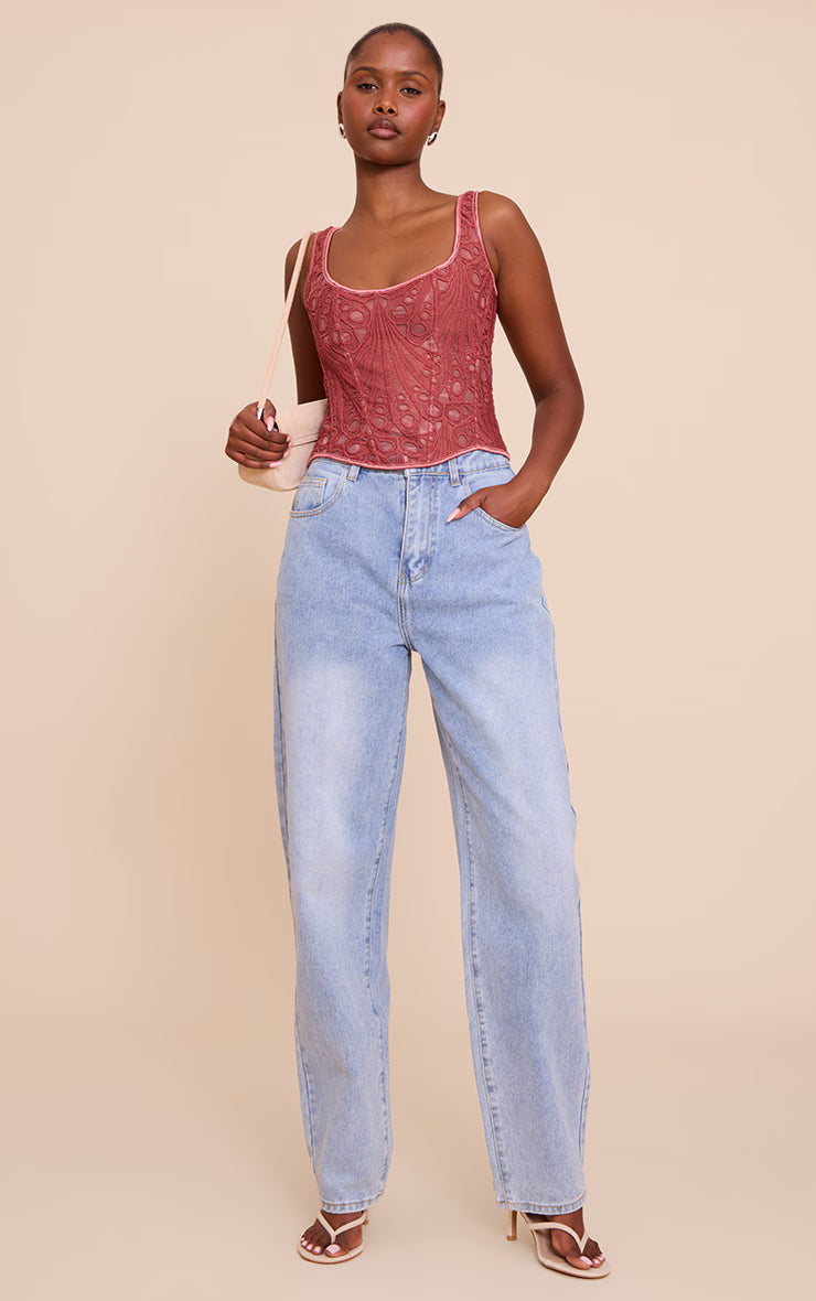 Rose Textured Sheer Floral Square Neck Corset