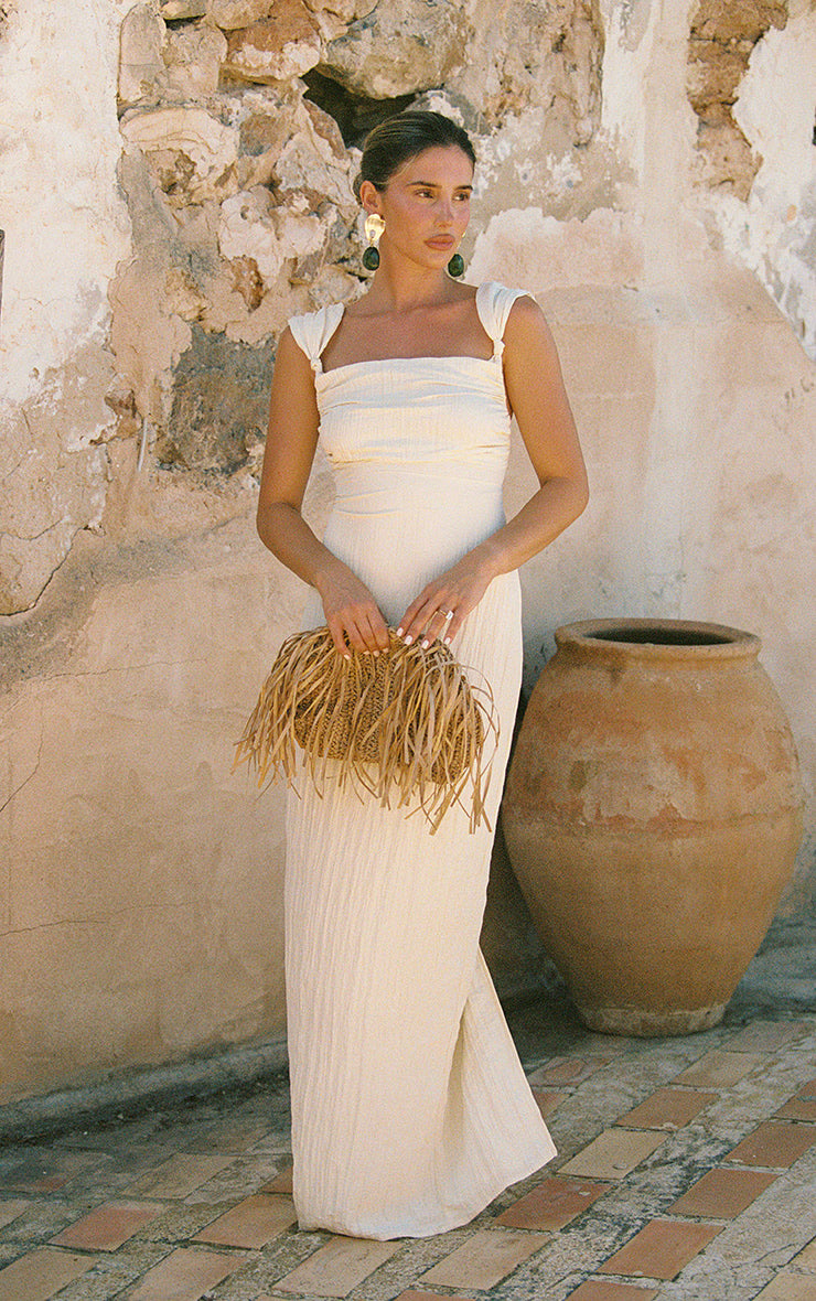 Cream Textured Knot Strap Detail Maxi Dress