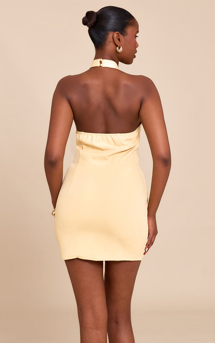Pale Mustard Woven Ruched Cut Out Mini Dress