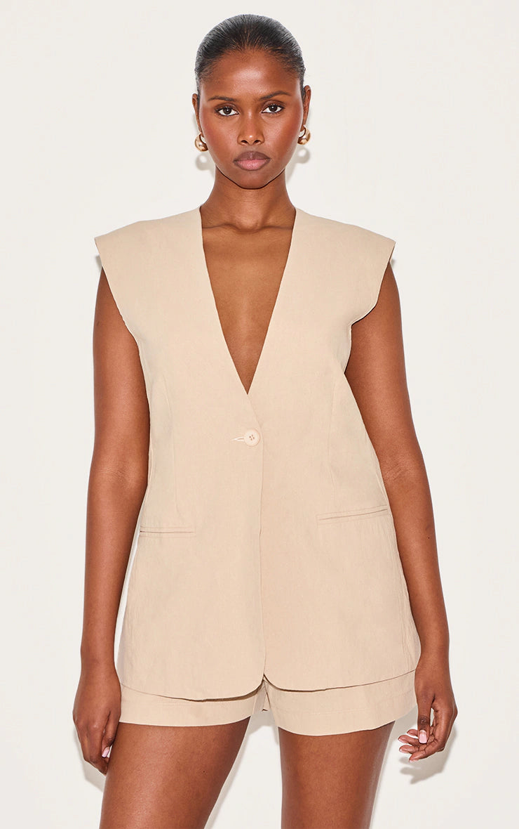 Sand Linen Look Woven Tailored Shorts