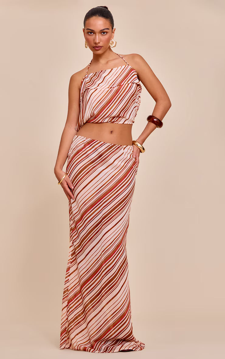 Rust Chiffon Striped Halterneck Strappy Top