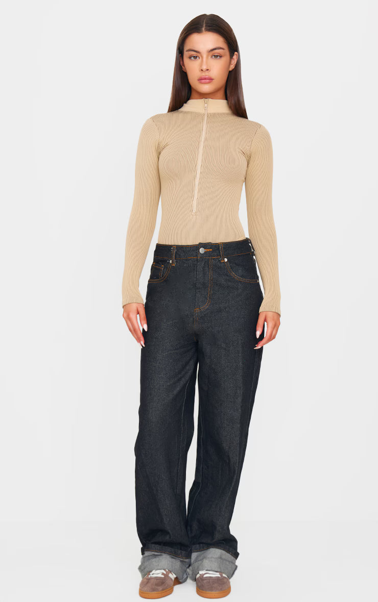 Stone Contrast Snatched Rib Zip Up Long Sleeve Bodysuit