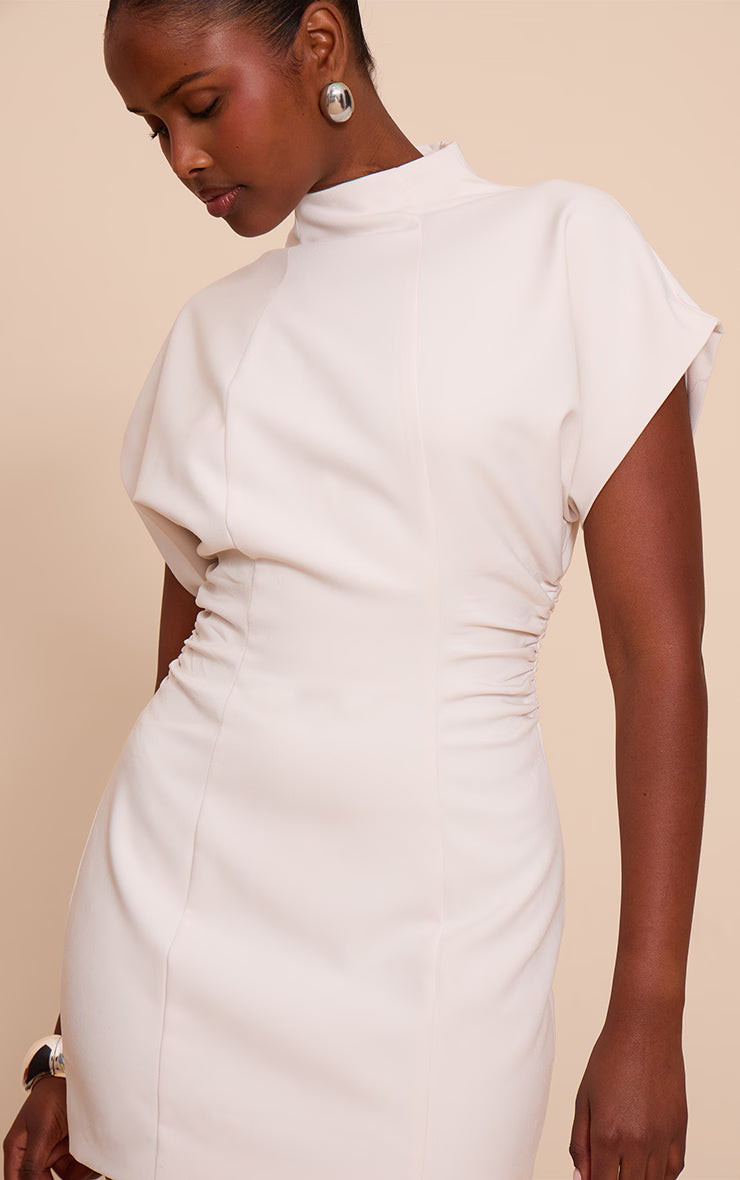 Cream Cap Sleeve Ruched Detail Mini Dress