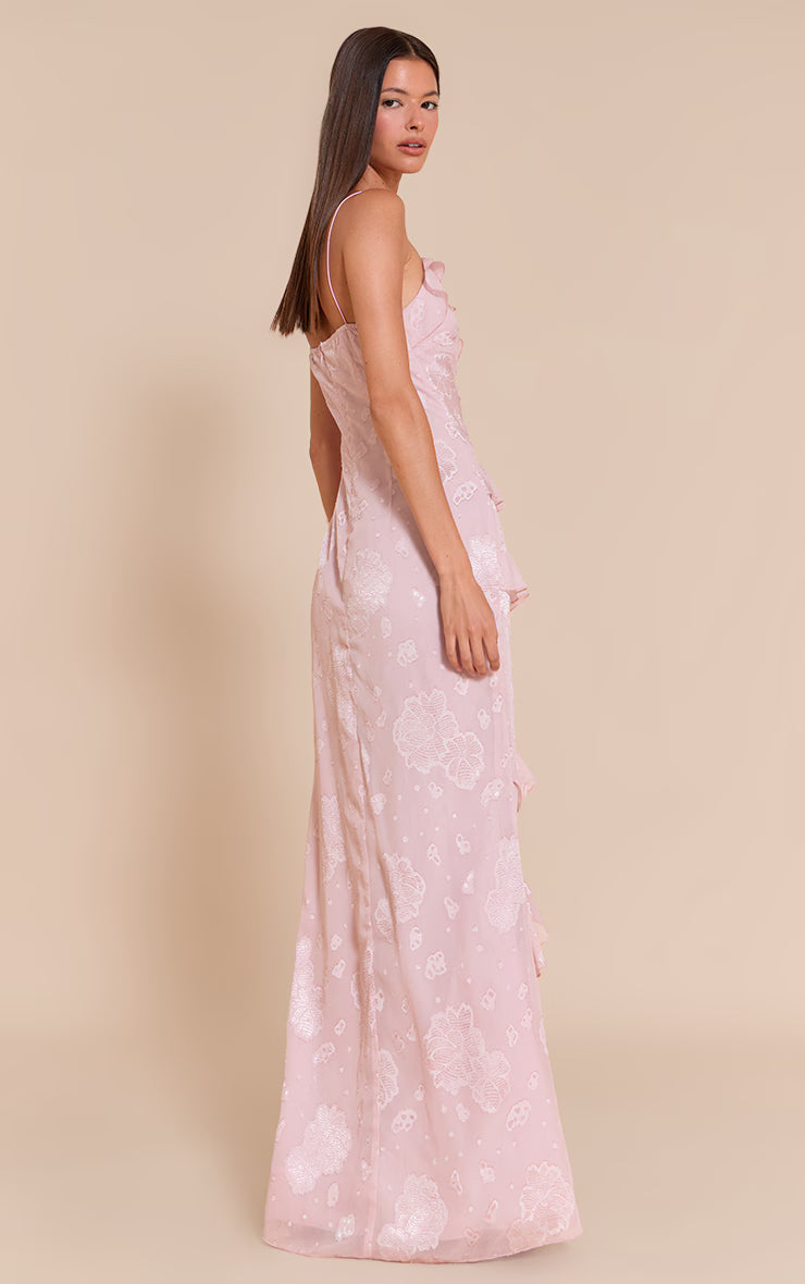 Light Pink Floral Embroidered Frill Maxi Dress