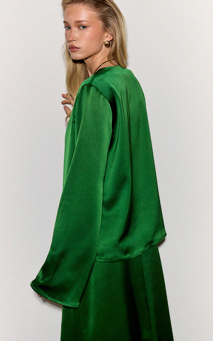 Green Satin Tie Front Boxy Shirt