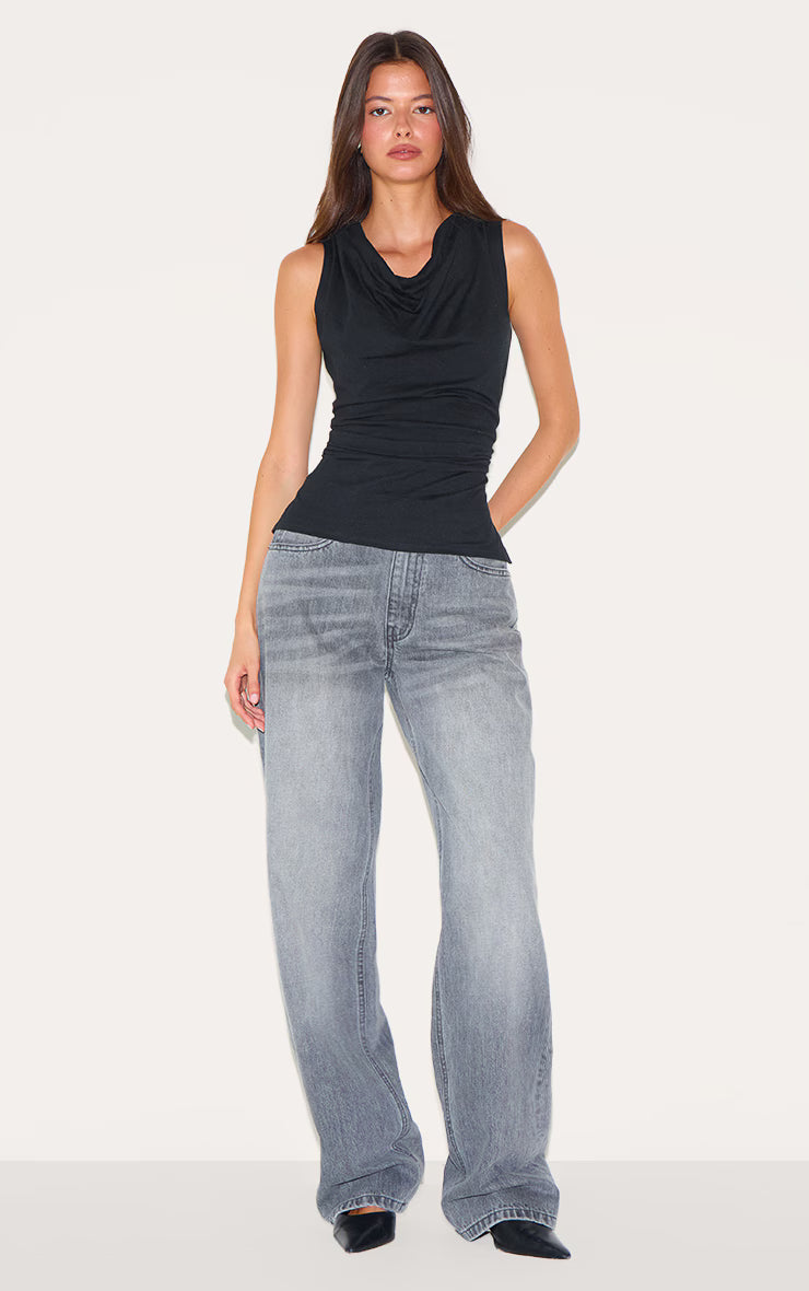 Black Cotton Ruched Waist Sleeveless Top