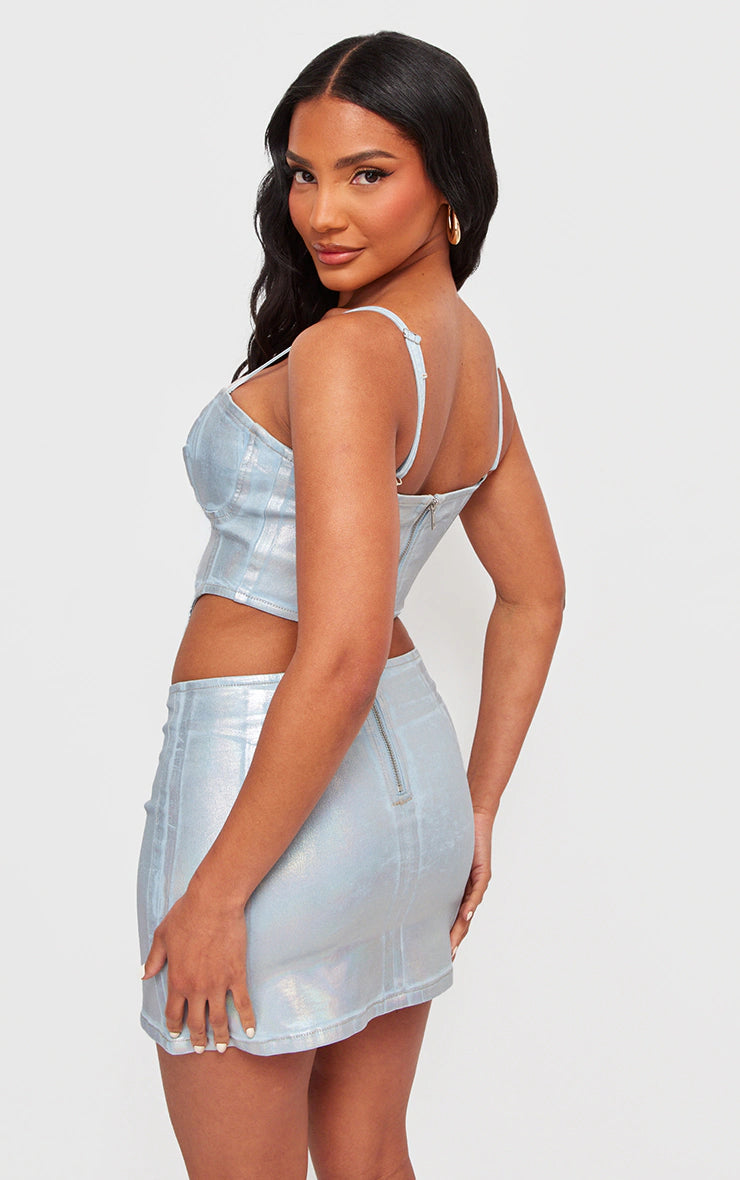 Silver Metallic Coated Denim Corset Top