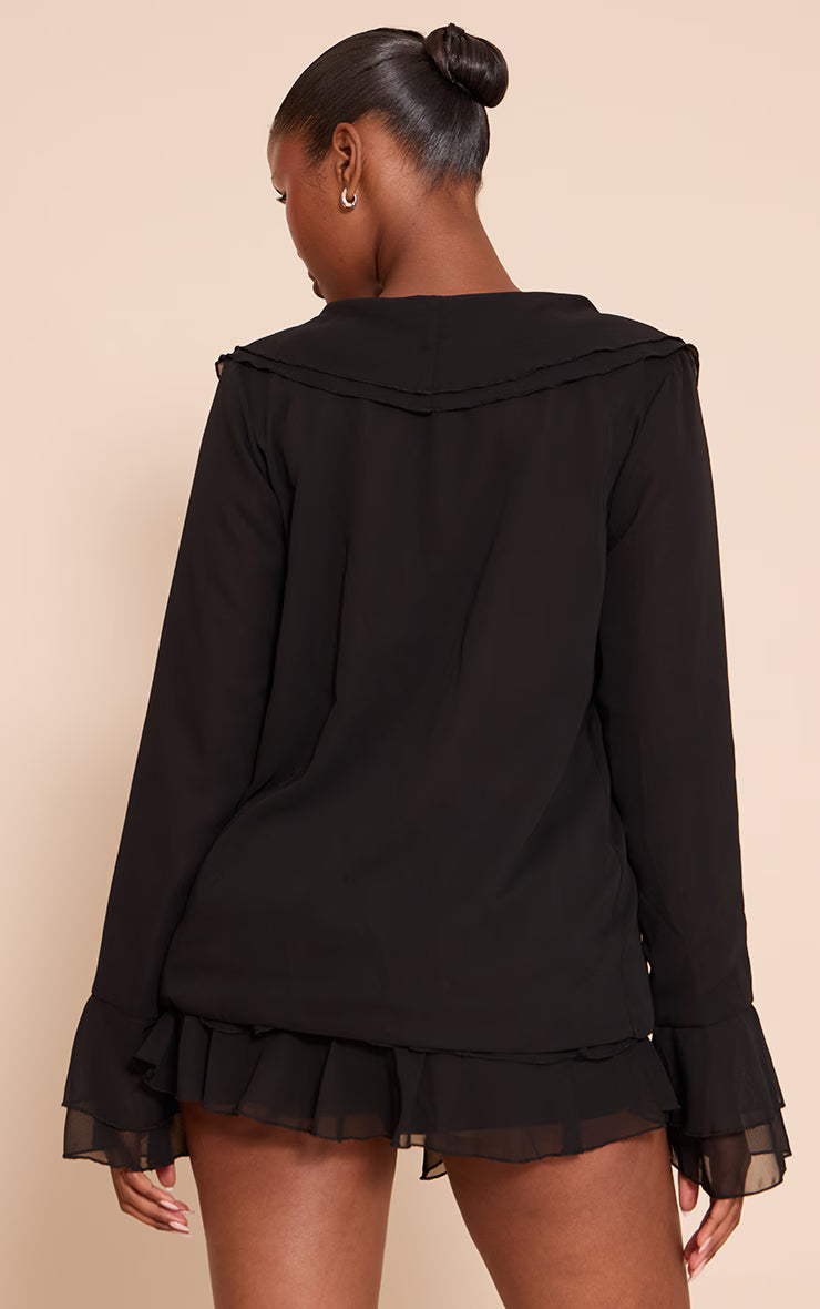 Black Chiffon Frill Plunge Long Sleeve Top